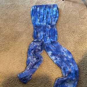 Blue Tie-Dye Strapless Jumpsuit